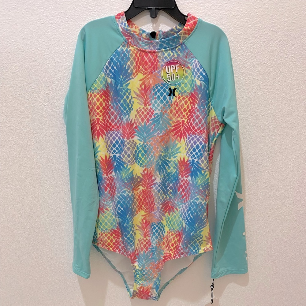 Hurley Girls Lt Aqua One Piece Long Sleeve Rash Guard Swimsuit w/UPF 50+  - XL